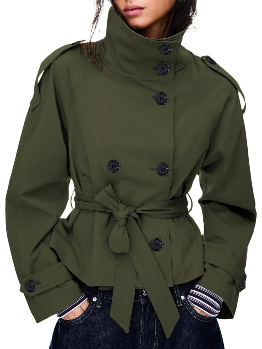 〽️Dark Green Women's Cropped Trench Jacket High Neck Double Breasted